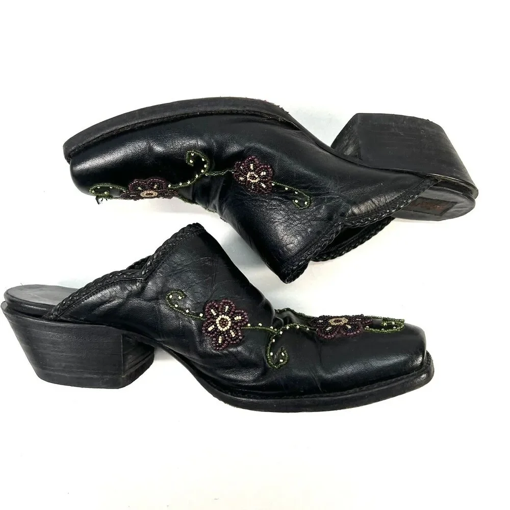 Tres Outlaws Hand Beaded Black Leather Mules Boots Booties Square Toe Size 7C